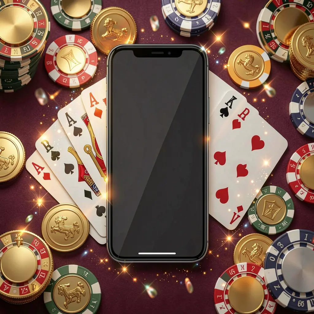 39DB mobile gaming application concept showing a smartphone surrounded by playing cards, roulette chips, gold coins, and sparkling lights in a premium casino style