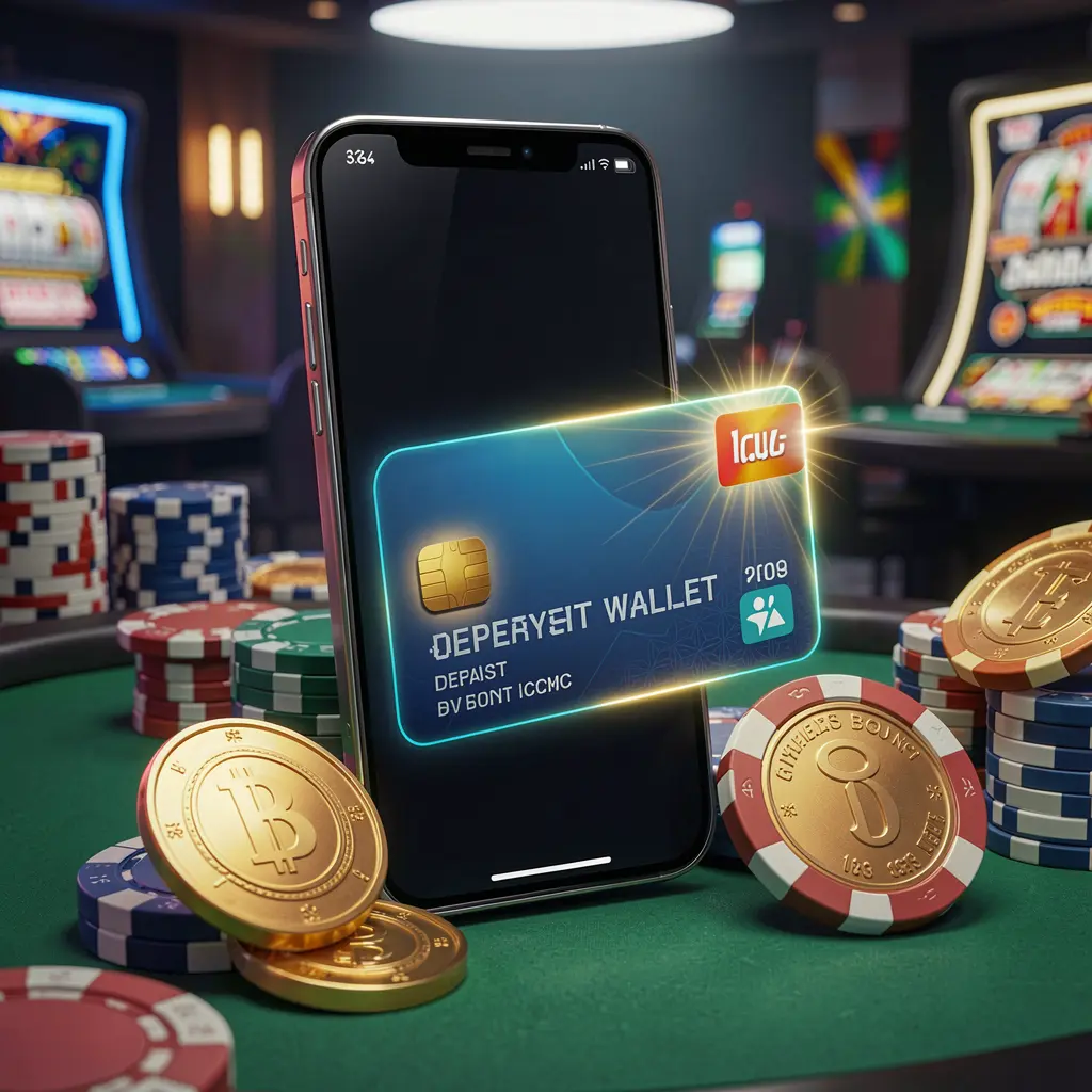 39DB deposit bonus concept showing a smartphone wallet with a glowing payment card, surrounded by golden coins and poker chips in a modern mobile casino style