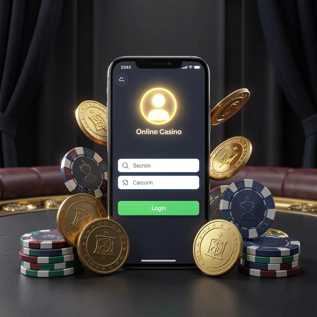 39DB online casino login page hero banner featuring a modern smartphone with a secure login screen, glowing user profile icon, golden coins and poker chips surrounding it on a dark luxury background