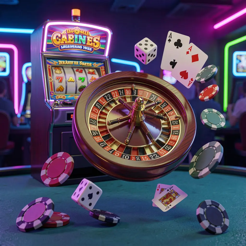 39DB casino games collection homepage visual featuring a slot machine, roulette wheel, dice, playing cards, and poker chips floating together with colorful neon lights in a premium 3D render